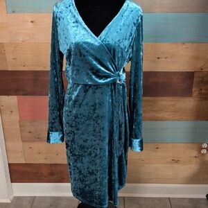 Thalia Sodi Teal Crushed Velvet Wrap Dress - Long Sleeve